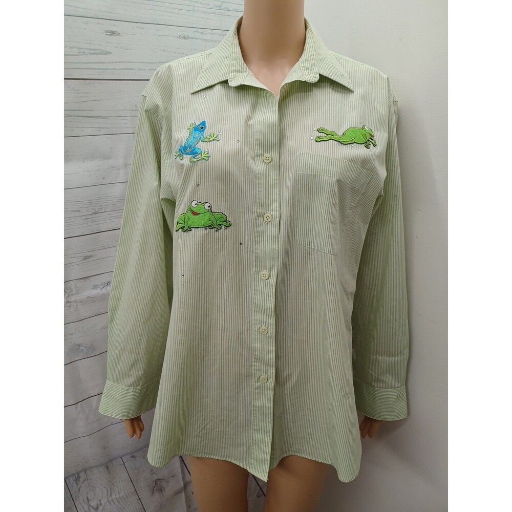 Vintage Las Olas Womens Plaid Shirt Sz M Green Frogs Embellished